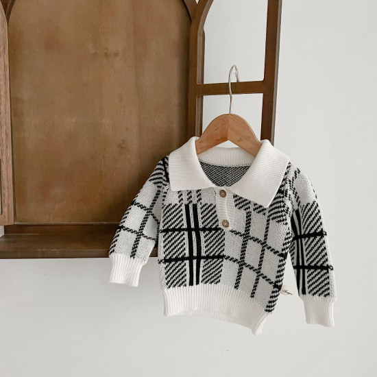 3-24M Baby Girls Knitted Sweater Plaid Lapel Pullover  Baby Clothes  