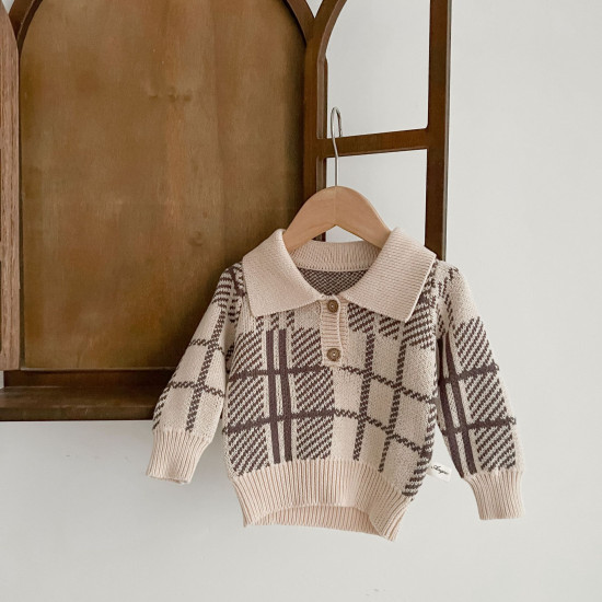 3-24M Baby Girls Knitted Sweater Plaid Lapel Pullover  Baby Clothes  