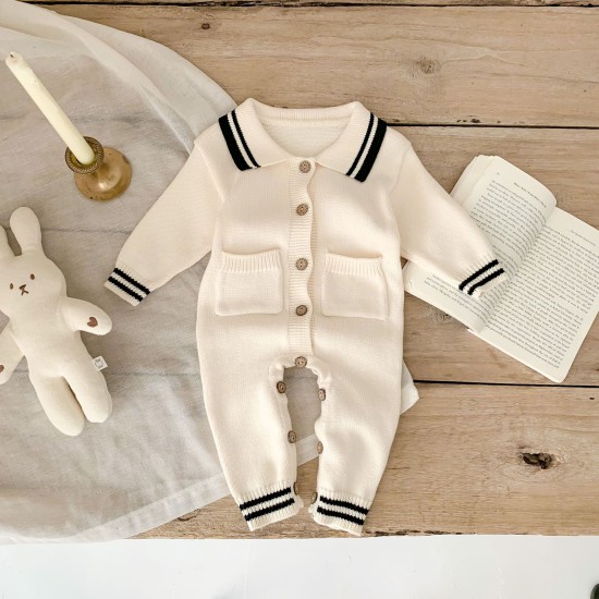 3-24M Baby Lapel Button-Up Knitted Jumpsuit  Baby Clothes  