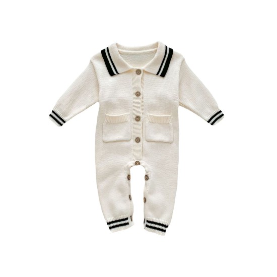 3-24M Baby Lapel Button-Up Knitted Jumpsuit  Baby Clothes  