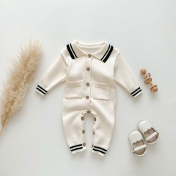3-24M Baby Lapel Button-Up Knitted Jumpsuit  Baby Clothes  