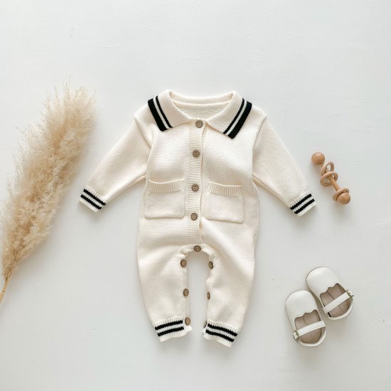 3-24M Baby Lapel Button-Up Knitted Jumpsuit  Baby Clothes  