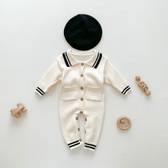 3-24M Baby Lapel Button-Up Knitted Jumpsuit  Baby Clothes  