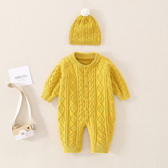 0-18M Baby Twist Knitting Jumpsuit & Hairball Hats  Baby Clothing  