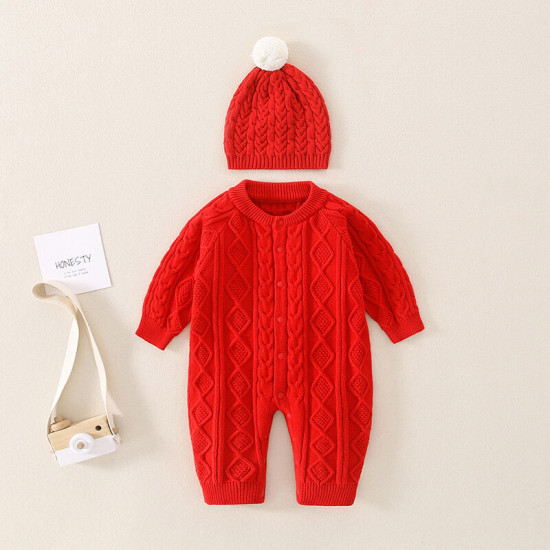 0-18M Baby Twist Knitting Jumpsuit & Hairball Hats  Baby Clothing  