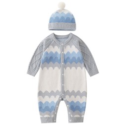 0-18M Baby Boys Contrast Knitting Jumpsuit & Hairball Hats  Baby Clothing  