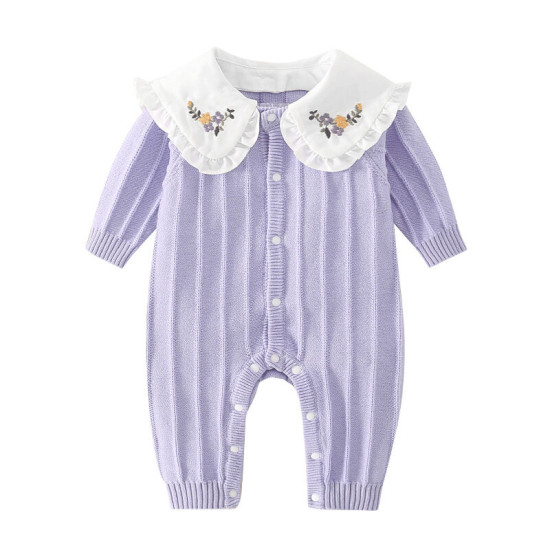 0-18M Baby Embroidery Floral Collar Knitted Jumpsuit Baby  Clothing  