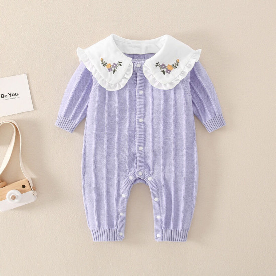 0-18M Baby Embroidery Floral Collar Knitted Jumpsuit Baby  Clothing  