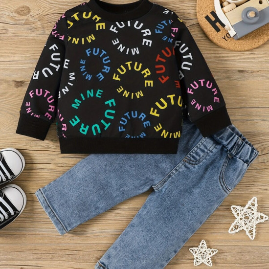 6M-3Y Baby Boys Etter Print Long Sleeve Top And Denim Trousers  Baby Clothing  