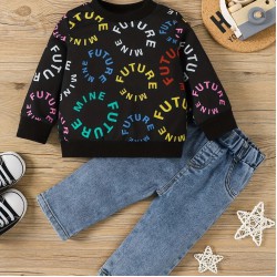 6M-3Y Baby Boys Etter Print Long Sleeve Top And Denim Trousers  Baby Clothing  