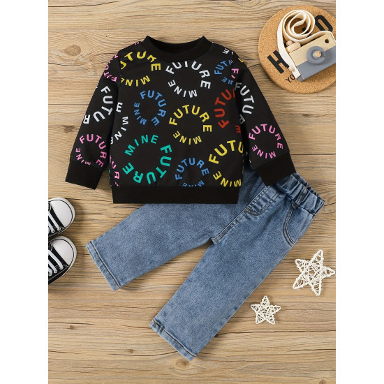 6M-3Y Baby Boys Etter Print Long Sleeve Top And Denim Trousers  Baby Clothing  