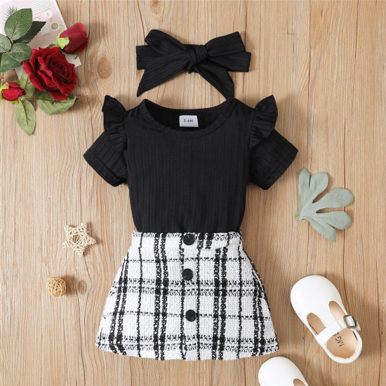 0-18M Baby Girls Sets Bodysuit & Plaid Skirts & Headband  Baby Clothes  