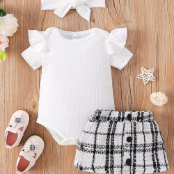 0-18M Baby Girls Sets Bodysuit & Plaid Skirts & Headband  Baby Clothes  