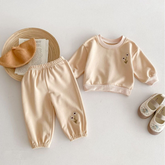 3M-3Y Baby Daisy Embroidered Round Neck Sweatshirt And Sweatpants Sets  Baby Clothing  