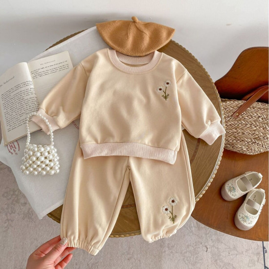 3M-3Y Baby Daisy Embroidered Round Neck Sweatshirt And Sweatpants Sets  Baby Clothing  