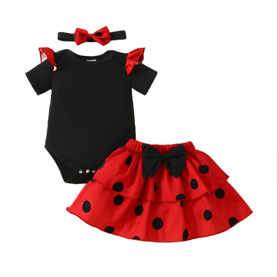 0-18M Baby Girls 3pcs Bodysuit & Polka Dots Skirts With Headband  Baby Clothes  
