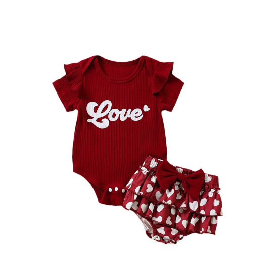 3-18M Baby 3pcs Valentine's Day LOVE Print Bodysuit & Shorts & Headband  Baby Clothes  