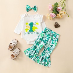 3-24M Baby 3pcs St. Patrick's Day Four Leaf Clover Bodysuit & Pants & Headband  Baby Clothes  