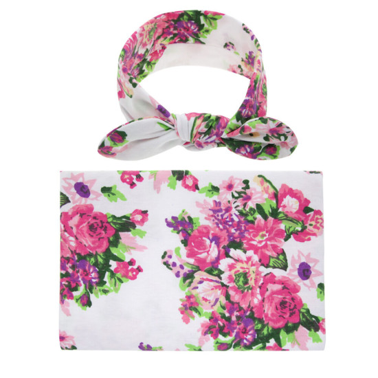 Baby Wrap Floral Print Rabbit Ears Headband Blanket Swaddle  Accessories  