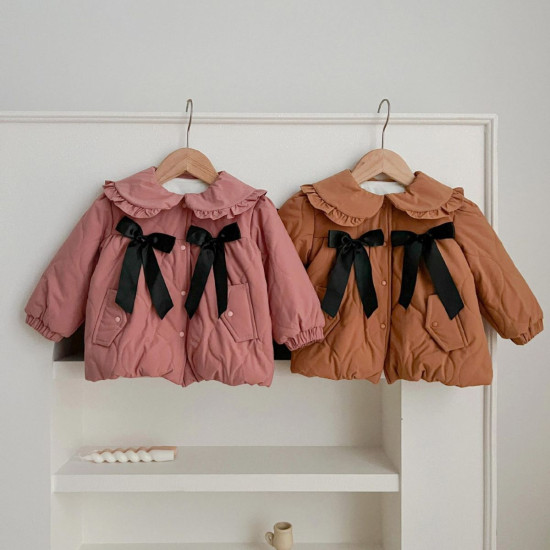 3-24M Baby Girls Ruffled Lapel Bow Winter Coats  Baby Clothing  