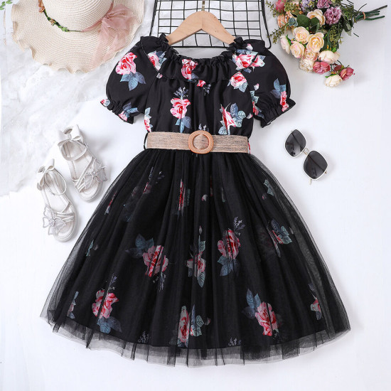 4-9Y Kids Girls Floral Mesh Dresses With Belt  Clothing Kidswear  