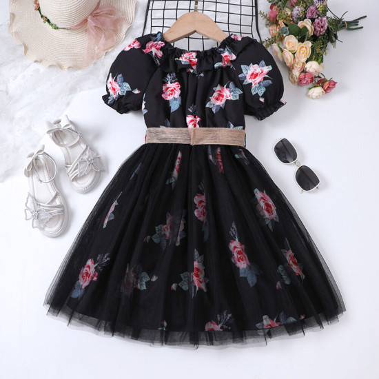 4-9Y Kids Girls Floral Mesh Dresses With Belt  Clothing Kidswear  