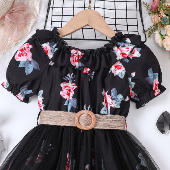 4-9Y Kids Girls Floral Mesh Dresses With Belt  Clothing Kidswear  