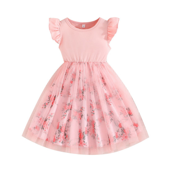 3-7Y Toddler Girls Flower Print Flying Sleeve Mesh Dresses  Girls Clothes  