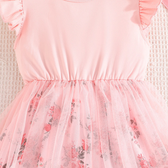 3-7Y Toddler Girls Flower Print Flying Sleeve Mesh Dresses  Girls Clothes  