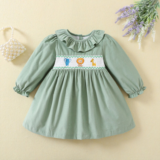 9M-5Y Toddler Girls Corduroy Ruffle Collar Animal Embroidery Dresses  Girls Clothes  
