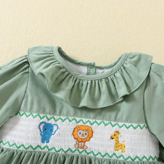 9M-5Y Toddler Girls Corduroy Ruffle Collar Animal Embroidery Dresses  Girls Clothes  