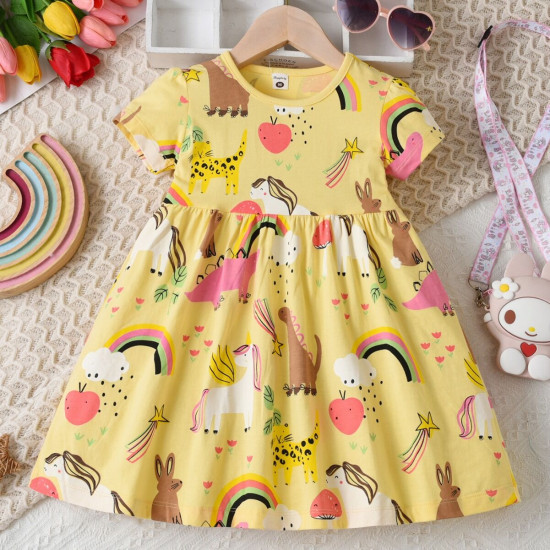 18M-7Y Toddler Girls Dinosaur Pattern Short Sleeve Dresses  Girls Clothes  