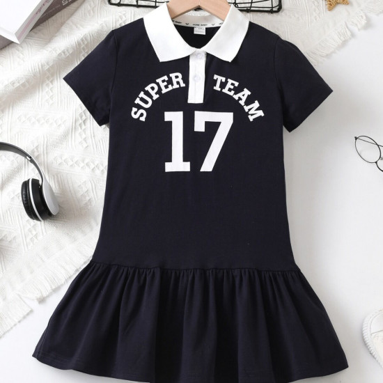 2-7Y Toddler Girls Polo Collar Short Sleeve Dresses  Girls Clothes  