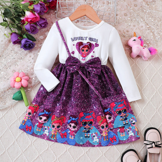 18M-6Y Toddler Girls Cartoon Print Long Sleeve Dresses  Girls Clothes  