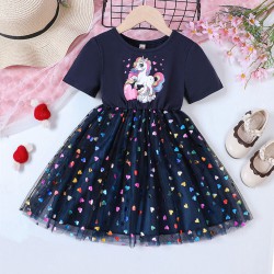 18M-6Y Toddler Girls Cartoon Printed Colorful Love Mesh Dresses Valentine's Day  Girls Clothes  