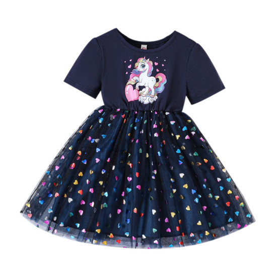 18M-6Y Toddler Girls Cartoon Printed Colorful Love Mesh Dresses Valentine's Day  Girls Clothes  