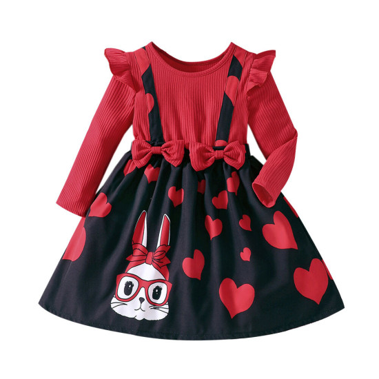 18M-6Y Toddler Girls Valentine's Day Heart Bow Long Dresses  Girls Clothes  