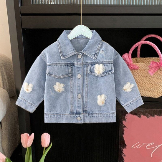 9M-7Y Toddler Girls Lapel Pearl Denim Jackets  Girls Clothes  