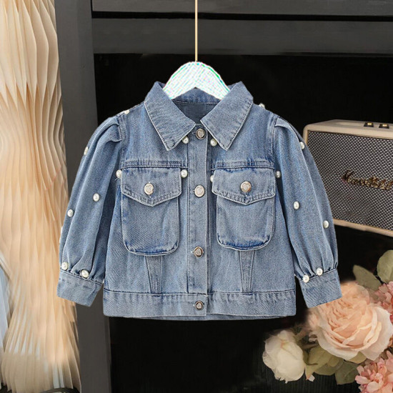 9M-7Y Toddler Girls Lapel Pearl Denim Jackets  Girls Clothes  
