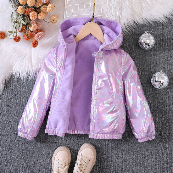 4-9Y Kids Girls Colorful Glossy Hooded Plush Zip-Up Jackets  Kids Clothes  
