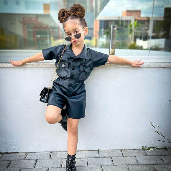 18M-7Y Toddler Girls Short Sleeve Waist Leather Jumpsuit  Girls Clothes  
