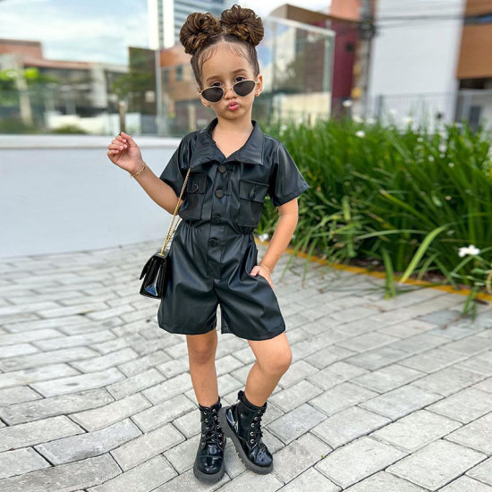 18M-7Y Toddler Girls Short Sleeve Waist Leather Jumpsuit  Girls Clothes  