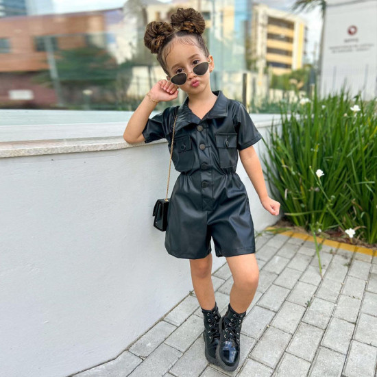 18M-7Y Toddler Girls Short Sleeve Waist Leather Jumpsuit  Girls Clothes  