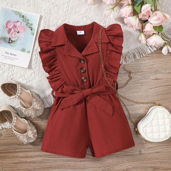 18M-6Y Toddler Girls Solid Lapel Rompers With Belt  Girls Clothes  