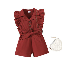 18M-6Y Toddler Girls Solid Lapel Rompers With Belt  Girls Clothes  