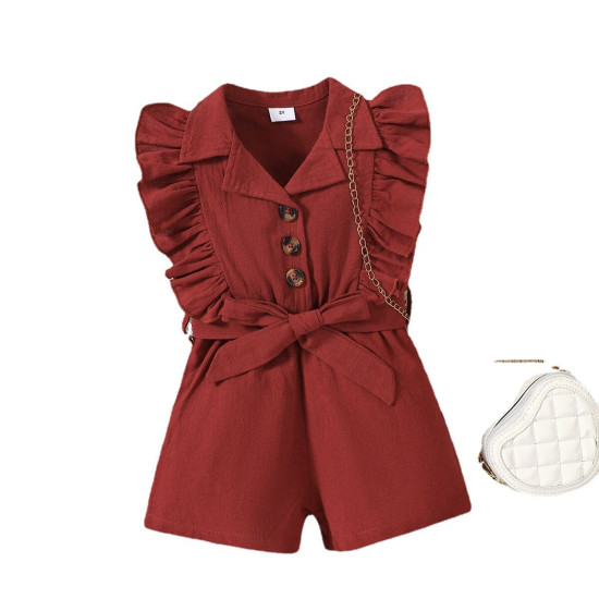 18M-6Y Toddler Girls Solid Lapel Rompers With Belt  Girls Clothes  