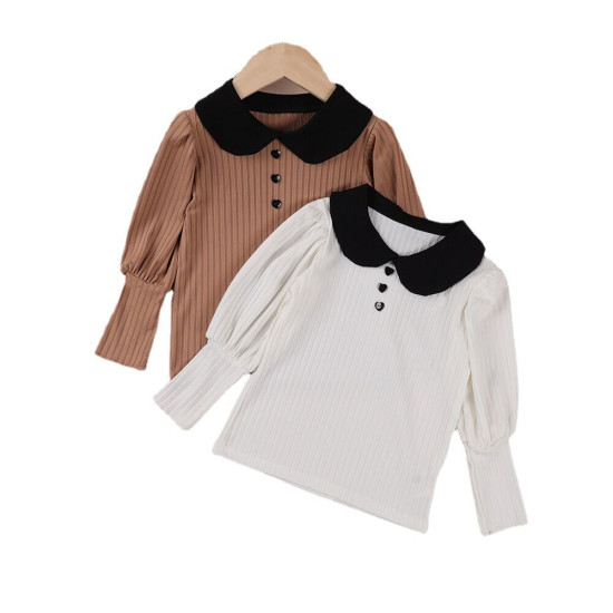 18M-7Y Toddler Girls Retro Doll Collar Long Sleeve Ribbed Bottoming Shirt  Girls Clothes  