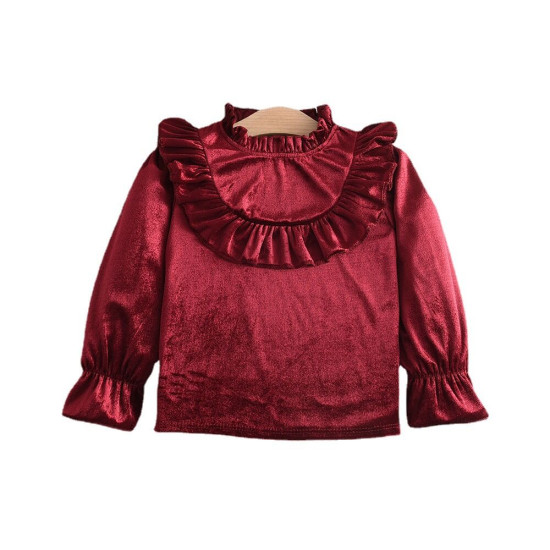 3-7Y Toddler Girls Ruffled Collar Long Sleeve Vintage Red Velvet Tops  Girls Clothes  