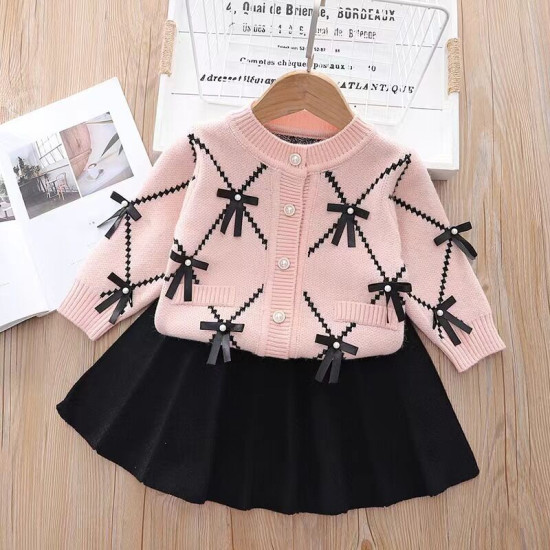 18M-6Y Toddler Girls Sets Knitted Bow Cardigan Sweater And Skirts  Girls Fashion Clothes  