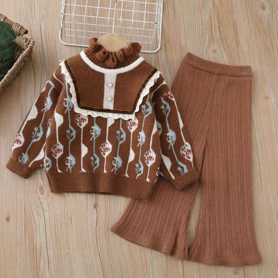 18M-6Y Toddler Girls Set Knitted Jacquard Sweater And Wide Leg Pants  Girls Fashion Clothes  